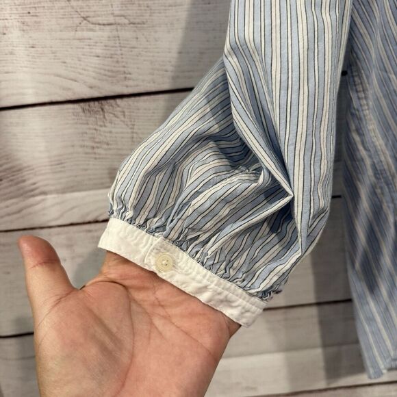 LOFT Striped Popover Blouse Size XL Blue White Split Neck 3/4 Sleeve Cotton Top - Picture 2 of 10